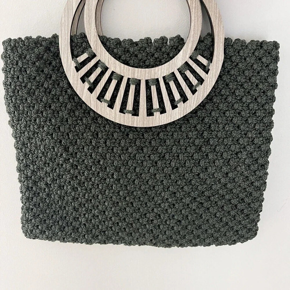 Handmade Women's Green Woven Handbag Boho Wood Top Handles Festival Unique Mediu - Picture 5 of 7